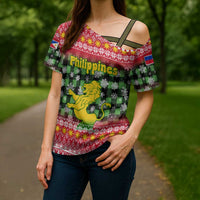 Philippines Christmas Cross Shoulder Shirt with Red-Green Plaid Design, Yellow Lion, and National Coat of Arms Motif - Wonder Print Shop