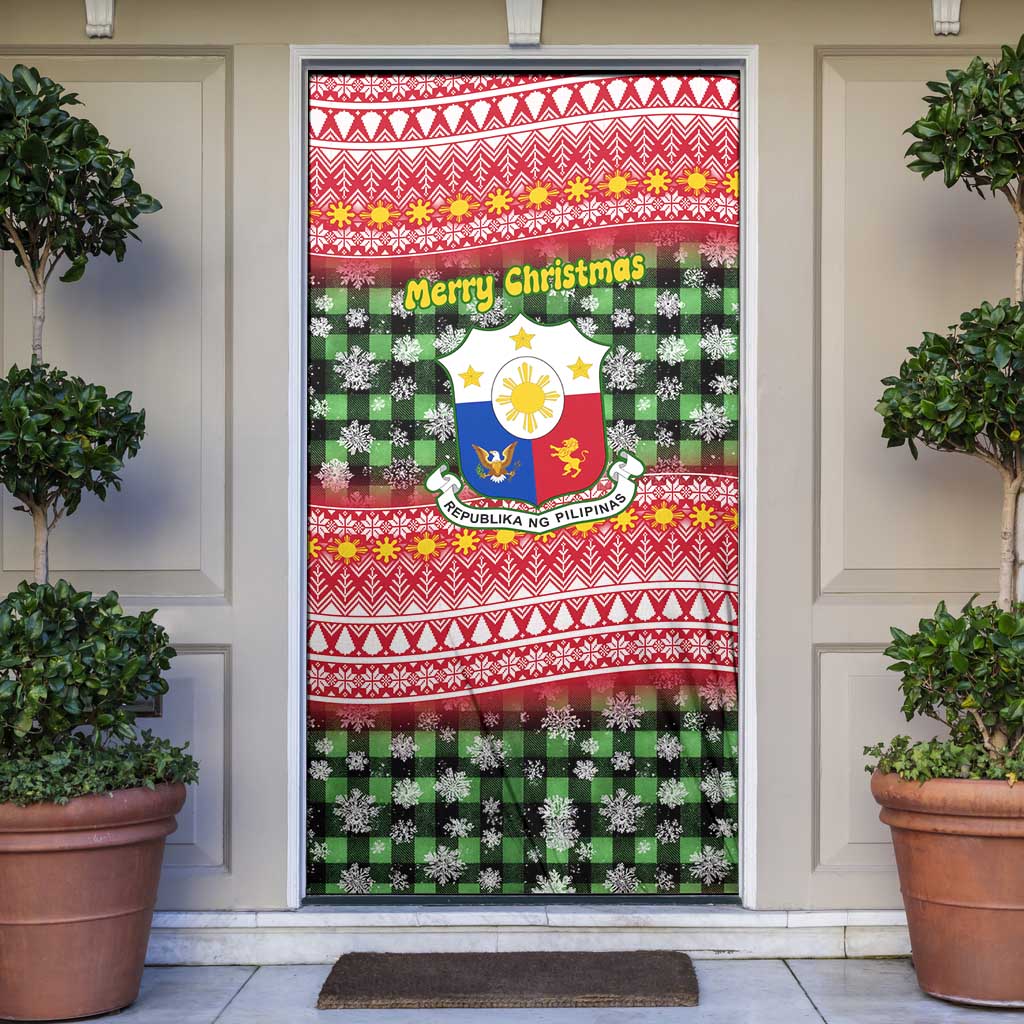 Philippines Christmas Door Cover with Red-Green Plaid Design, Yellow Lion, and National Coat of Arms Motif - Wonder Print Shop