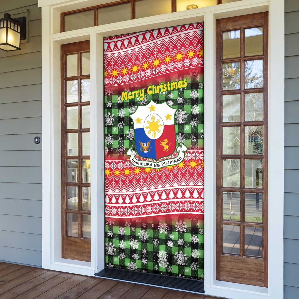 Philippines Christmas Door Cover with Red-Green Plaid Design, Yellow Lion, and National Coat of Arms Motif - Wonder Print Shop