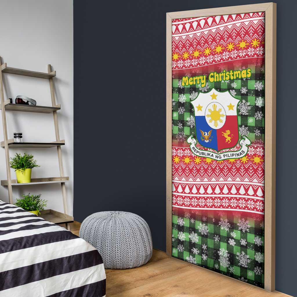 Philippines Christmas Door Cover with Red-Green Plaid Design, Yellow Lion, and National Coat of Arms Motif - Wonder Print Shop