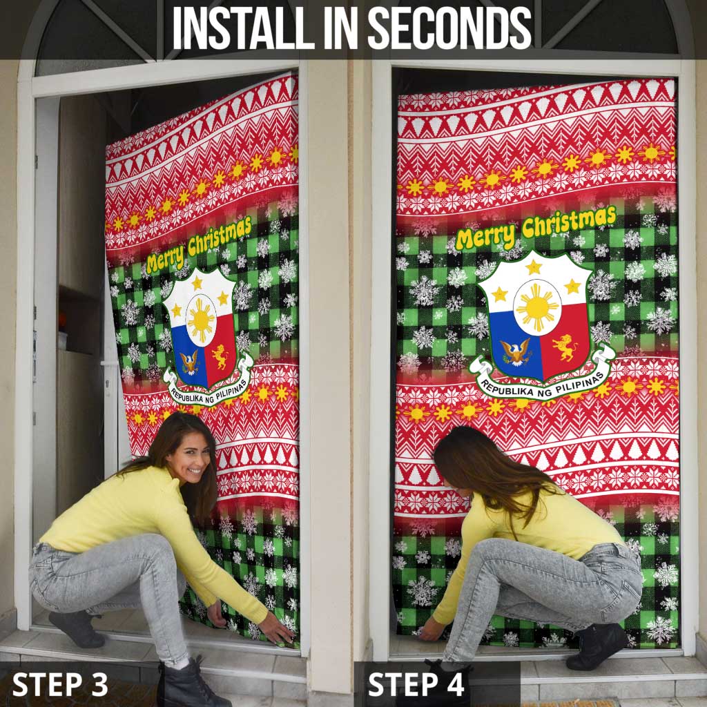 Philippines Christmas Door Cover with Red-Green Plaid Design, Yellow Lion, and National Coat of Arms Motif - Wonder Print Shop