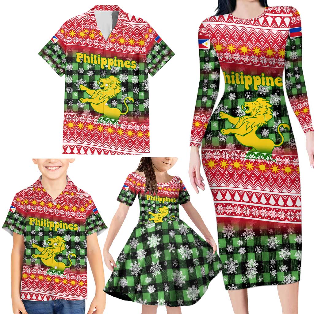 Philippines Christmas Family Matching Long Sleeve Bodycon Dress and Hawaiian Shirt with Red-Green Plaid Design, Yellow Lion, and National Coat of Arms Motif - Wonder Print Shop