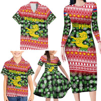 Philippines Christmas Family Matching Long Sleeve Bodycon Dress and Hawaiian Shirt with Red-Green Plaid Design, Yellow Lion, and National Coat of Arms Motif - Wonder Print Shop