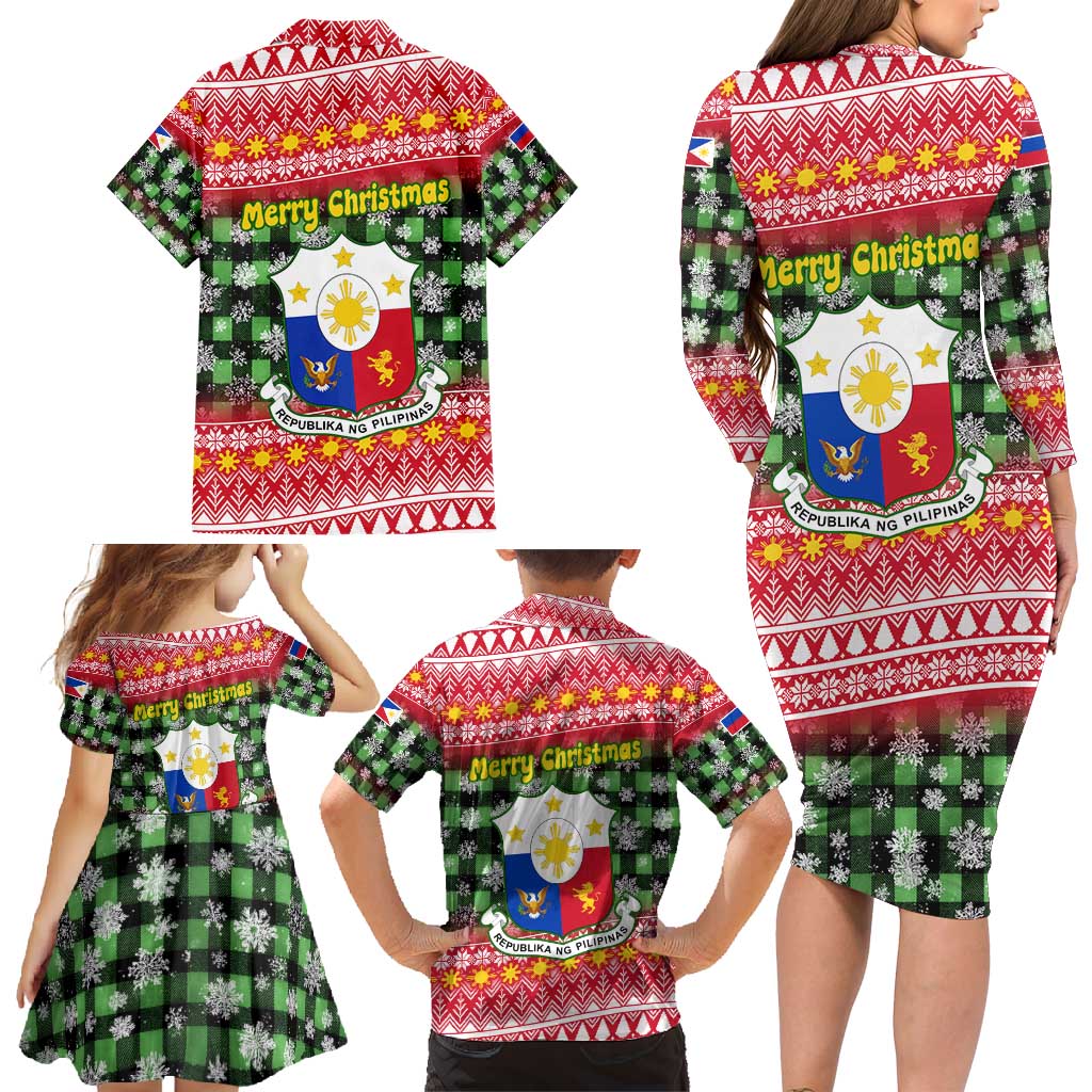 Philippines Christmas Family Matching Long Sleeve Bodycon Dress and Hawaiian Shirt with Red-Green Plaid Design, Yellow Lion, and National Coat of Arms Motif - Wonder Print Shop