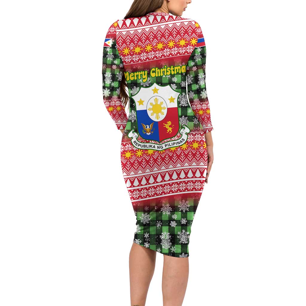 Philippines Christmas Family Matching Long Sleeve Bodycon Dress and Hawaiian Shirt with Red-Green Plaid Design, Yellow Lion, and National Coat of Arms Motif - Wonder Print Shop