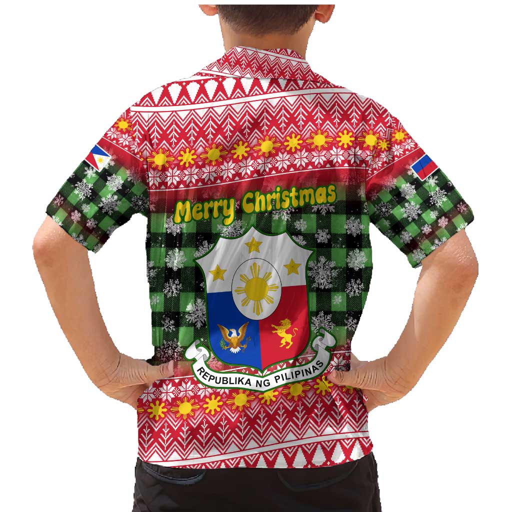 Philippines Christmas Family Matching Mermaid Dress and Hawaiian Shirt with Red-Green Plaid Design, Yellow Lion, and National Coat of Arms Motif - Wonder Print Shop