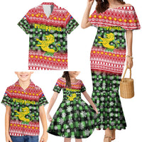Philippines Christmas Family Matching Mermaid Dress and Hawaiian Shirt with Red-Green Plaid Design, Yellow Lion, and National Coat of Arms Motif - Wonder Print Shop
