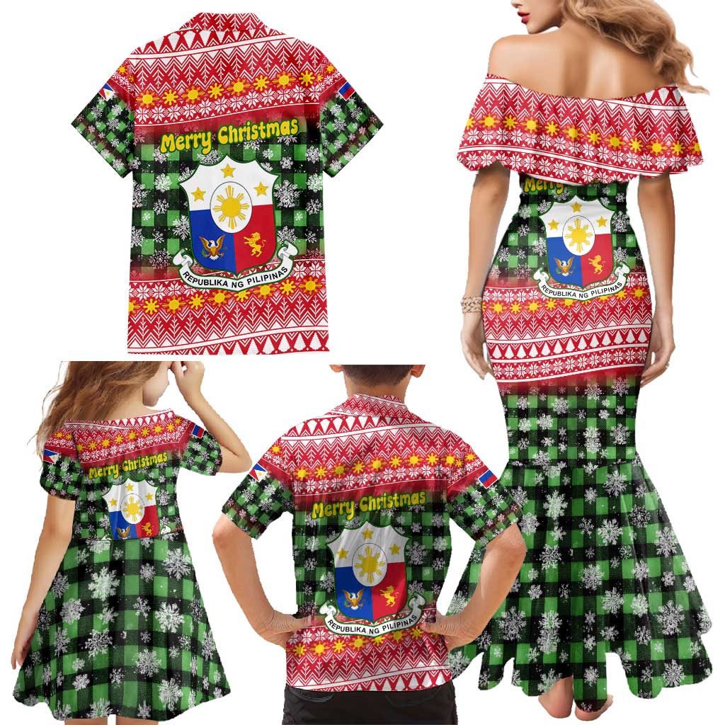 Philippines Christmas Family Matching Mermaid Dress and Hawaiian Shirt with Red-Green Plaid Design, Yellow Lion, and National Coat of Arms Motif - Wonder Print Shop