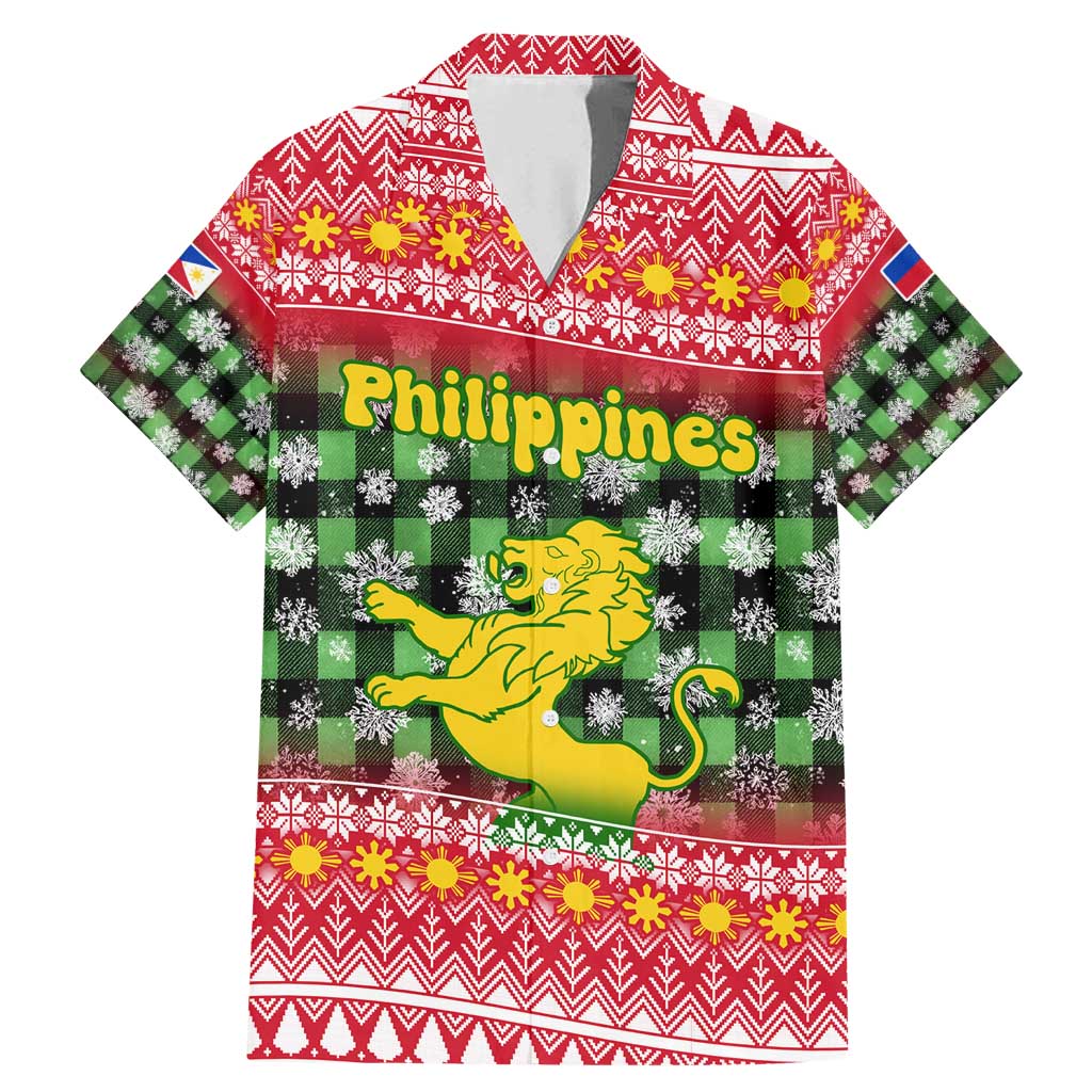 Philippines Christmas Family Matching Mermaid Dress and Hawaiian Shirt with Red-Green Plaid Design, Yellow Lion, and National Coat of Arms Motif - Wonder Print Shop