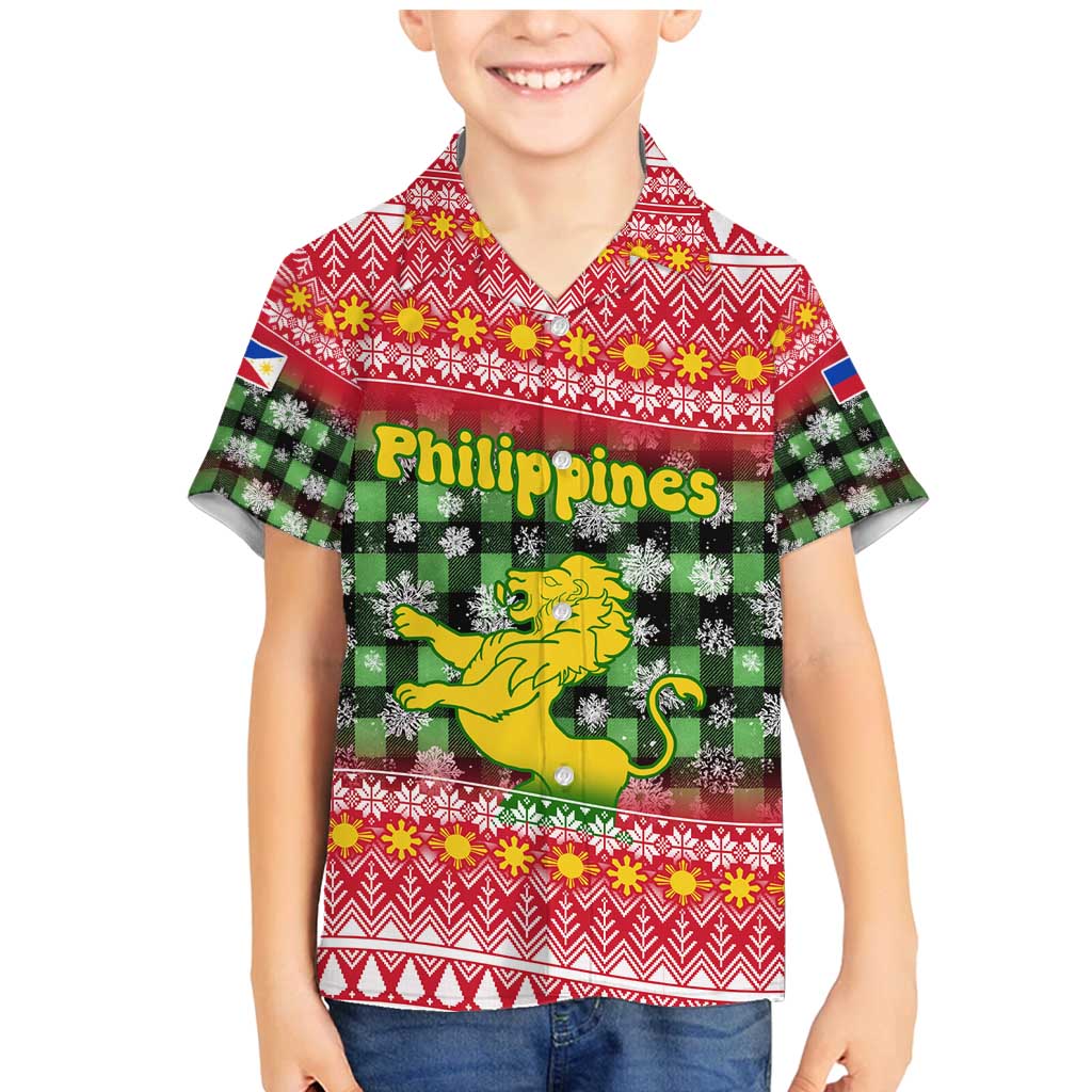 Philippines Christmas Family Matching Mermaid Dress and Hawaiian Shirt with Red-Green Plaid Design, Yellow Lion, and National Coat of Arms Motif - Wonder Print Shop