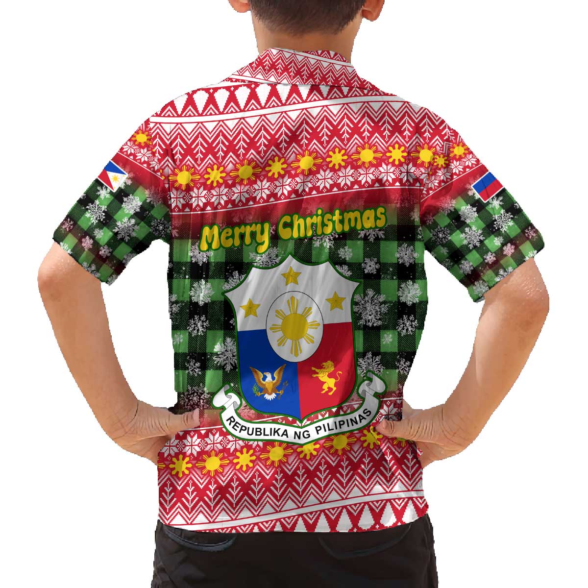 Philippines Christmas Family Matching Off The Shoulder Long Sleeve Dress and Hawaiian Shirt with Red-Green Plaid Design, Yellow Lion, and National Coat of Arms Motif - Wonder Print Shop