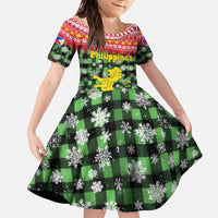 Philippines Christmas Family Matching Off The Shoulder Long Sleeve Dress and Hawaiian Shirt with Red-Green Plaid Design, Yellow Lion, and National Coat of Arms Motif - Wonder Print Shop