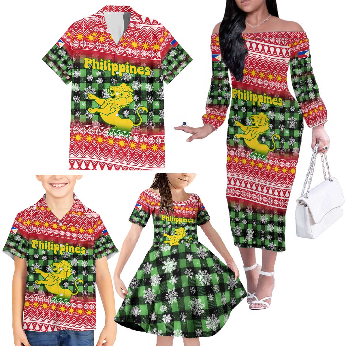Philippines Christmas Family Matching Off The Shoulder Long Sleeve Dress and Hawaiian Shirt with Red-Green Plaid Design, Yellow Lion, and National Coat of Arms Motif - Wonder Print Shop
