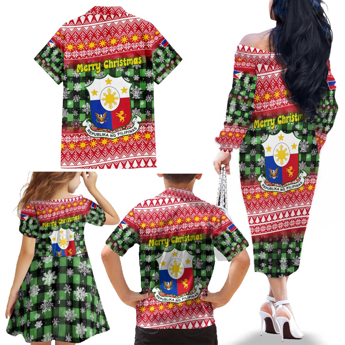 Philippines Christmas Family Matching Off The Shoulder Long Sleeve Dress and Hawaiian Shirt with Red-Green Plaid Design, Yellow Lion, and National Coat of Arms Motif - Wonder Print Shop