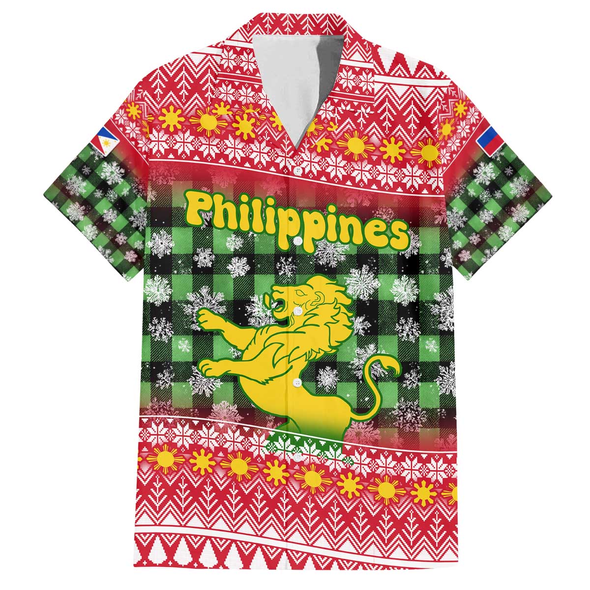 Philippines Christmas Family Matching Off The Shoulder Long Sleeve Dress and Hawaiian Shirt with Red-Green Plaid Design, Yellow Lion, and National Coat of Arms Motif - Wonder Print Shop