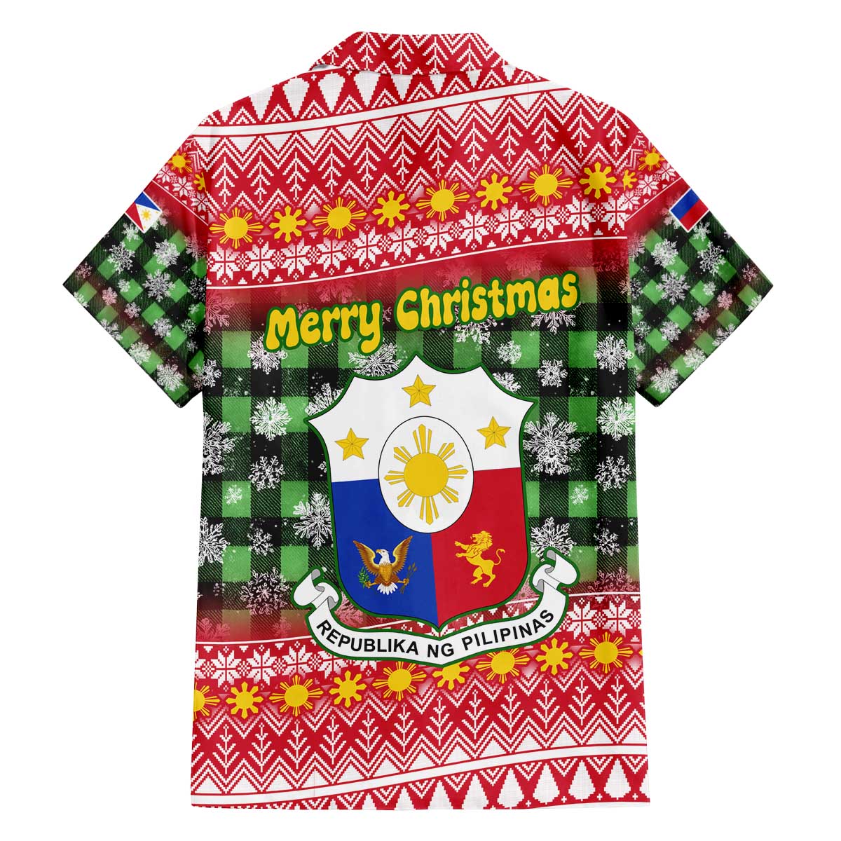 Philippines Christmas Family Matching Off The Shoulder Long Sleeve Dress and Hawaiian Shirt with Red-Green Plaid Design, Yellow Lion, and National Coat of Arms Motif - Wonder Print Shop
