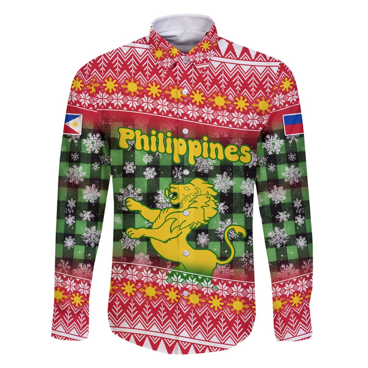 Philippines Christmas Family Matching Off The Shoulder Long Sleeve Dress and Hawaiian Shirt with Red-Green Plaid Design, Yellow Lion, and National Coat of Arms Motif - Wonder Print Shop