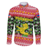 Philippines Christmas Family Matching Off The Shoulder Long Sleeve Dress and Hawaiian Shirt with Red-Green Plaid Design, Yellow Lion, and National Coat of Arms Motif - Wonder Print Shop