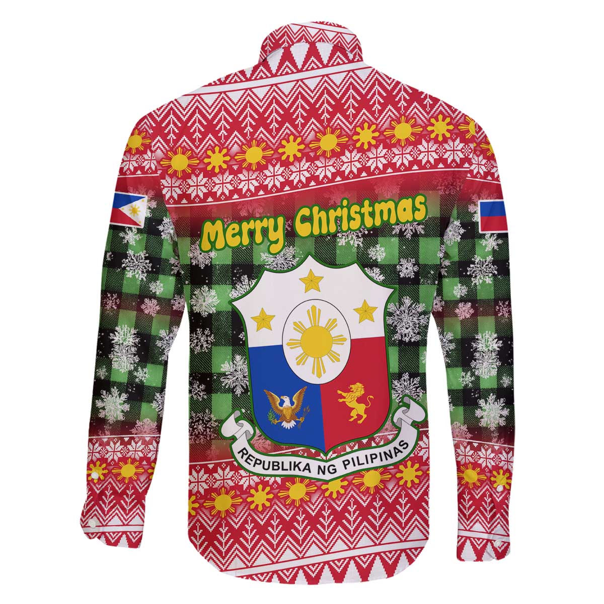 Philippines Christmas Family Matching Off The Shoulder Long Sleeve Dress and Hawaiian Shirt with Red-Green Plaid Design, Yellow Lion, and National Coat of Arms Motif - Wonder Print Shop