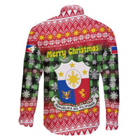Philippines Christmas Family Matching Off The Shoulder Long Sleeve Dress and Hawaiian Shirt with Red-Green Plaid Design, Yellow Lion, and National Coat of Arms Motif - Wonder Print Shop