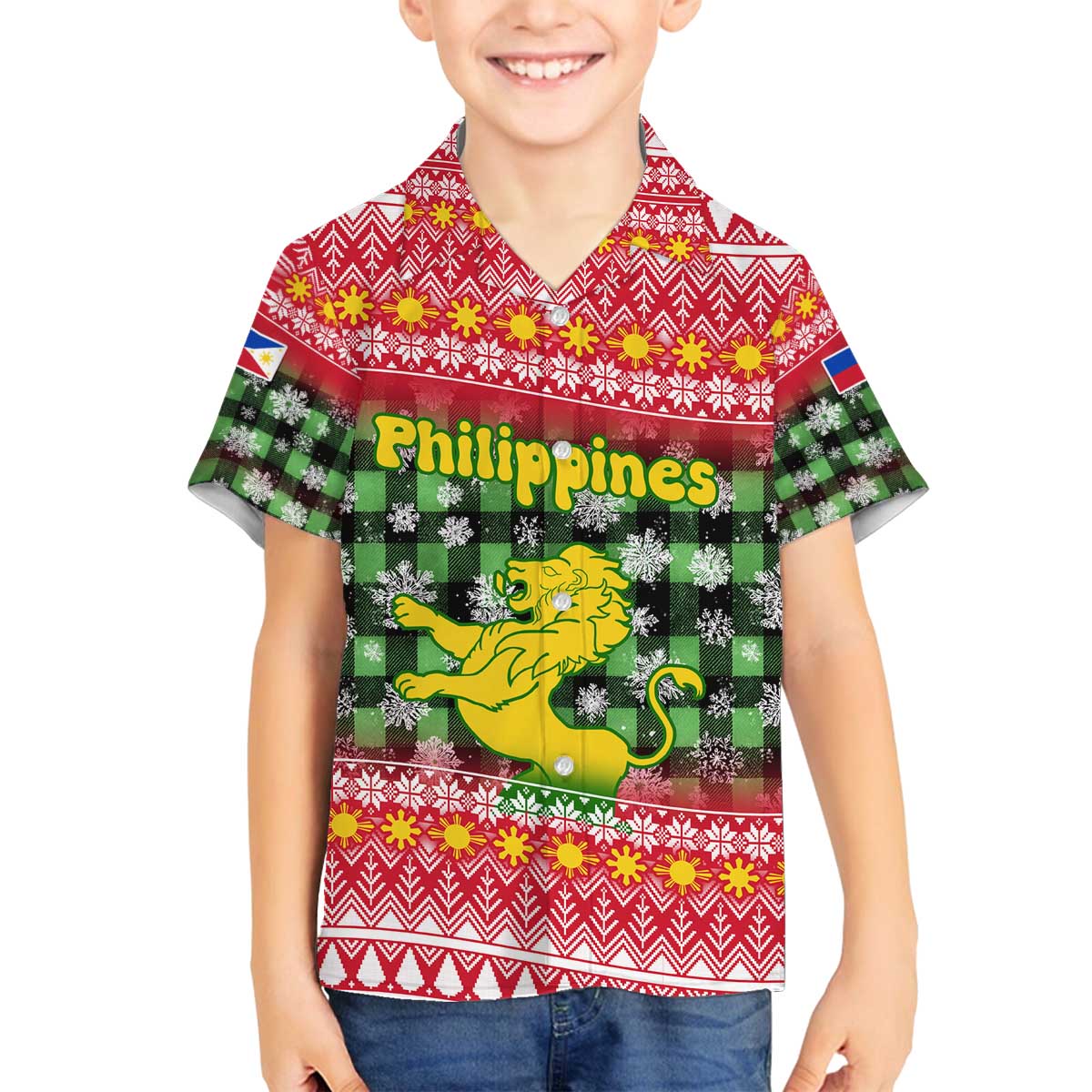 Philippines Christmas Family Matching Off The Shoulder Long Sleeve Dress and Hawaiian Shirt with Red-Green Plaid Design, Yellow Lion, and National Coat of Arms Motif - Wonder Print Shop