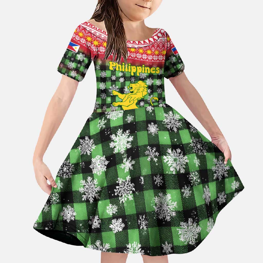 Philippines Christmas Family Matching Off Shoulder Maxi Dress and Hawaiian Shirt with Red-Green Plaid Design, Yellow Lion, and National Coat of Arms Motif - Wonder Print Shop