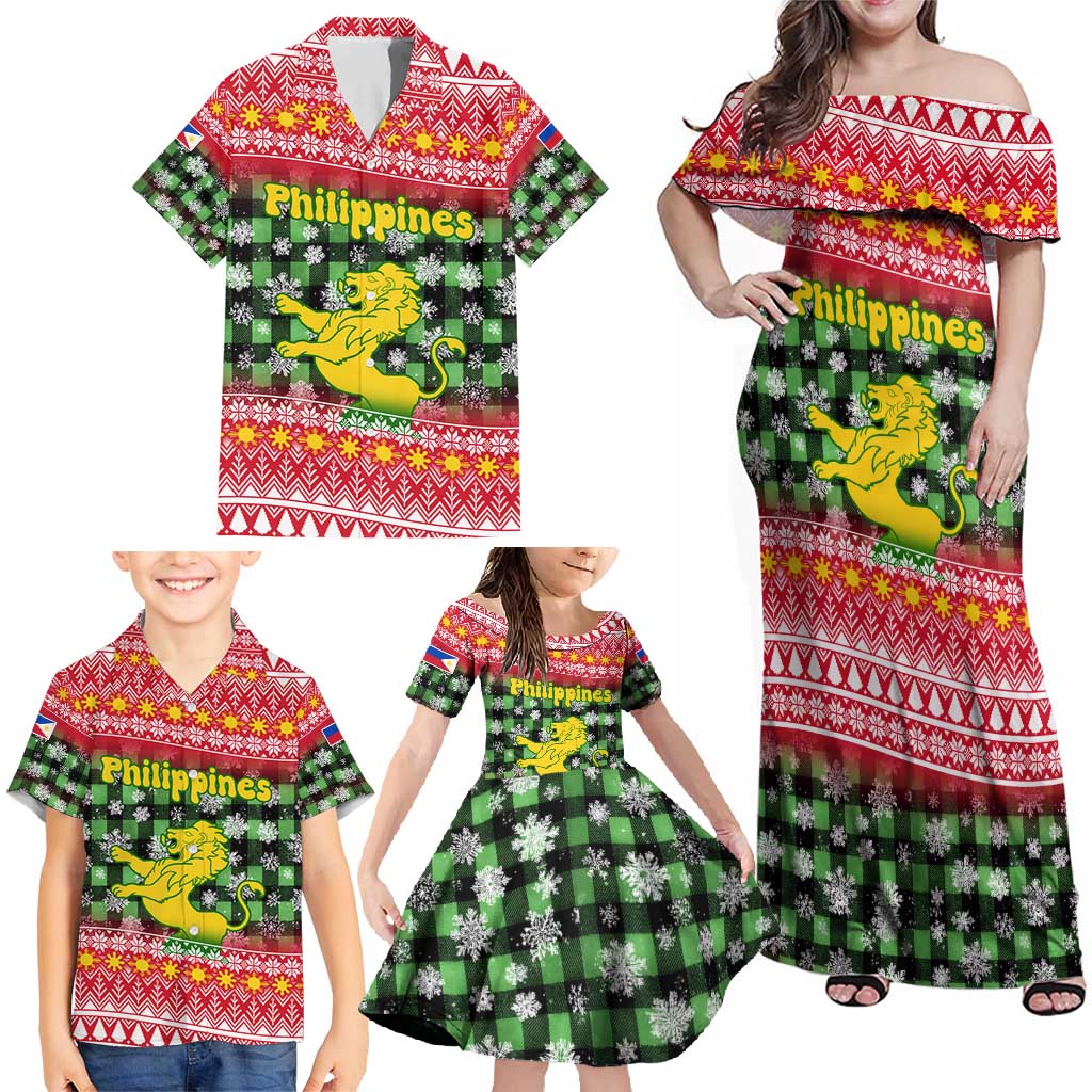 Philippines Christmas Family Matching Off Shoulder Maxi Dress and Hawaiian Shirt with Red-Green Plaid Design, Yellow Lion, and National Coat of Arms Motif - Wonder Print Shop