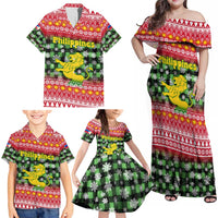 Philippines Christmas Family Matching Off Shoulder Maxi Dress and Hawaiian Shirt with Red-Green Plaid Design, Yellow Lion, and National Coat of Arms Motif - Wonder Print Shop