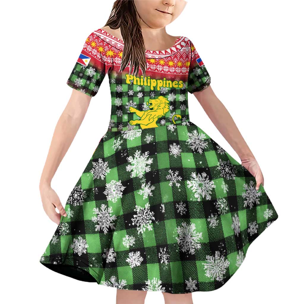 Philippines Christmas Family Matching Off Shoulder Short Dress and Hawaiian Shirt with Red-Green Plaid Design, Yellow Lion, and National Coat of Arms Motif - Wonder Print Shop