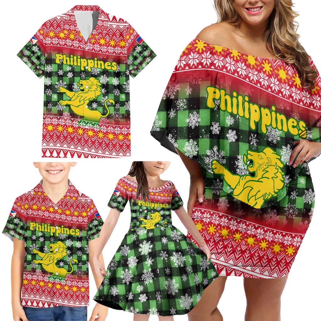 Philippines Christmas Family Matching Off Shoulder Short Dress and Hawaiian Shirt with Red-Green Plaid Design, Yellow Lion, and National Coat of Arms Motif - Wonder Print Shop