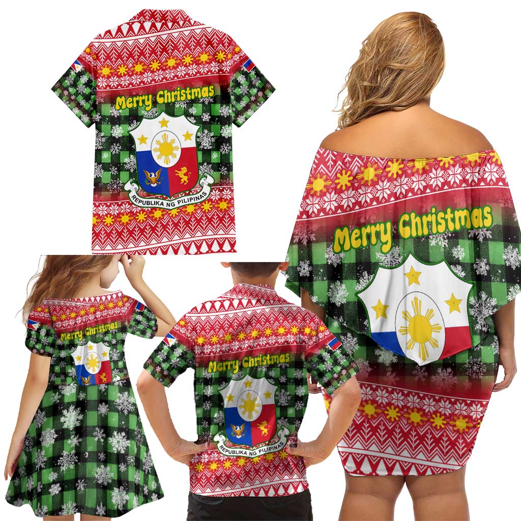 Philippines Christmas Family Matching Off Shoulder Short Dress and Hawaiian Shirt with Red-Green Plaid Design, Yellow Lion, and National Coat of Arms Motif - Wonder Print Shop