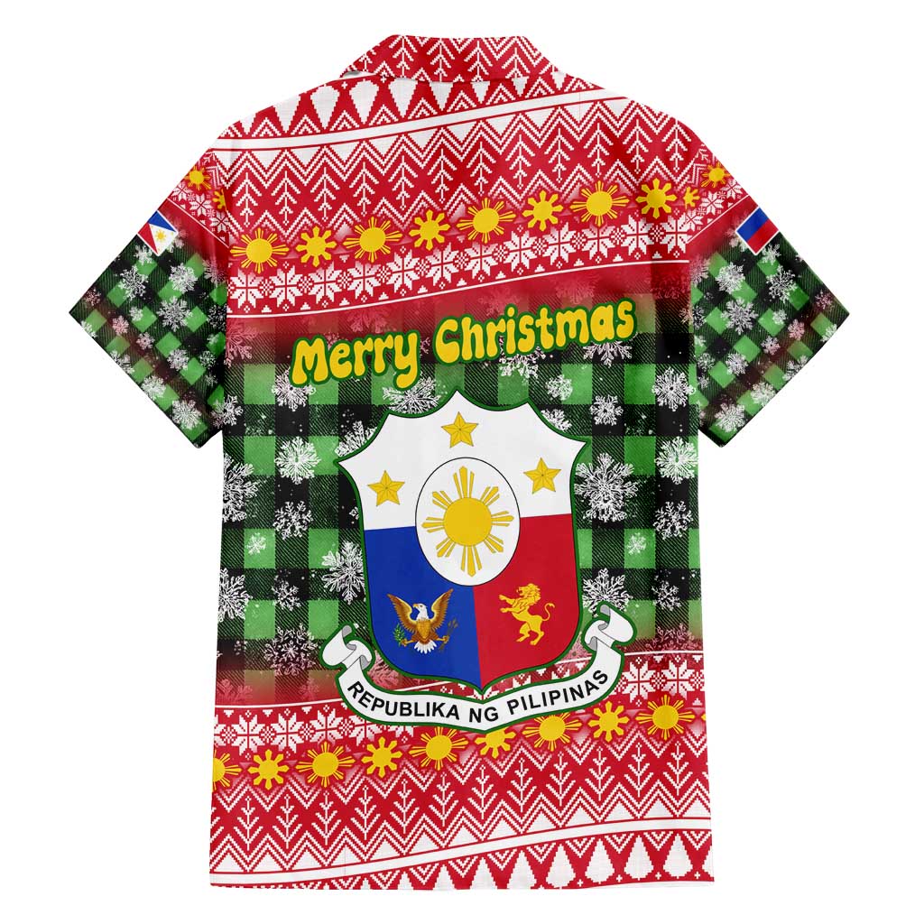 Philippines Christmas Family Matching Off Shoulder Short Dress and Hawaiian Shirt with Red-Green Plaid Design, Yellow Lion, and National Coat of Arms Motif - Wonder Print Shop