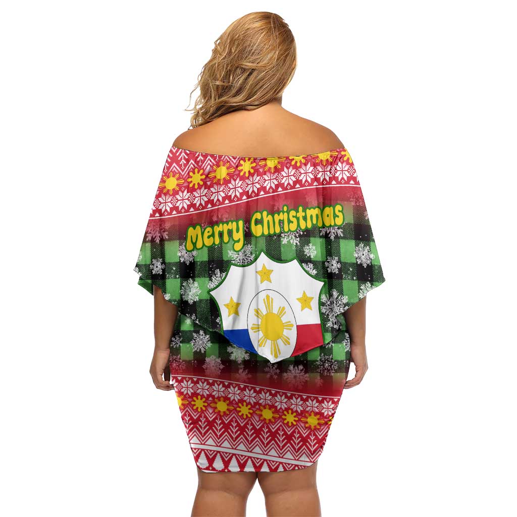 Philippines Christmas Family Matching Off Shoulder Short Dress and Hawaiian Shirt with Red-Green Plaid Design, Yellow Lion, and National Coat of Arms Motif - Wonder Print Shop