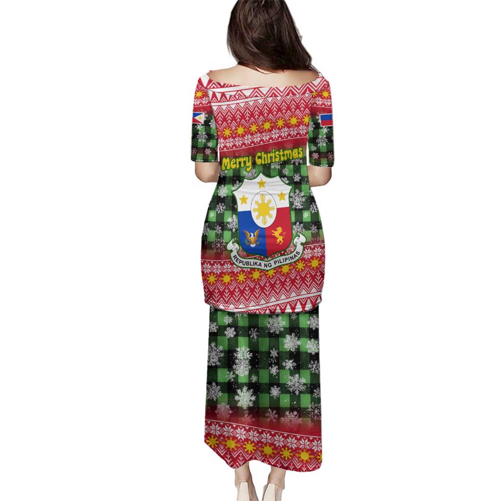 Philippines Christmas Family Matching Puletasi and Hawaiian Shirt with Red-Green Plaid Design, Yellow Lion, and National Coat of Arms Motif - Wonder Print Shop