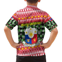 Philippines Christmas Family Matching Short Sleeve Bodycon Dress and Hawaiian Shirt with Red-Green Plaid Design, Yellow Lion, and National Coat of Arms Motif - Wonder Print Shop