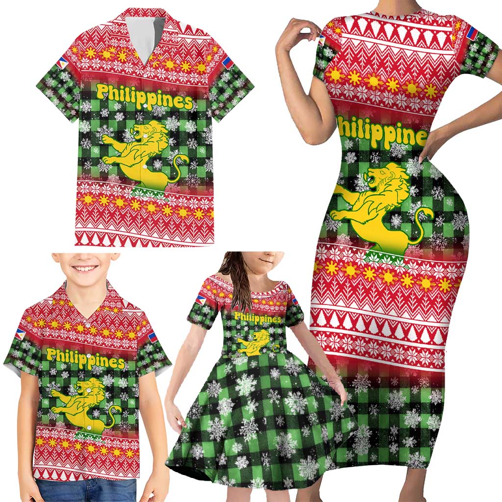 Philippines Christmas Family Matching Short Sleeve Bodycon Dress and Hawaiian Shirt with Red-Green Plaid Design, Yellow Lion, and National Coat of Arms Motif - Wonder Print Shop