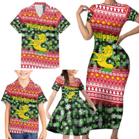 Philippines Christmas Family Matching Short Sleeve Bodycon Dress and Hawaiian Shirt with Red-Green Plaid Design, Yellow Lion, and National Coat of Arms Motif - Wonder Print Shop