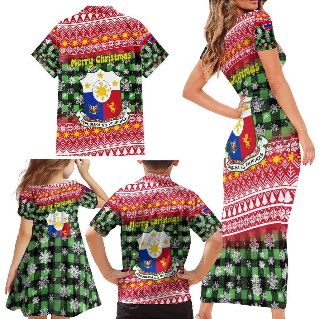 Philippines Christmas Family Matching Short Sleeve Bodycon Dress and Hawaiian Shirt with Red-Green Plaid Design, Yellow Lion, and National Coat of Arms Motif - Wonder Print Shop