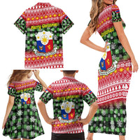Philippines Christmas Family Matching Short Sleeve Bodycon Dress and Hawaiian Shirt with Red-Green Plaid Design, Yellow Lion, and National Coat of Arms Motif - Wonder Print Shop