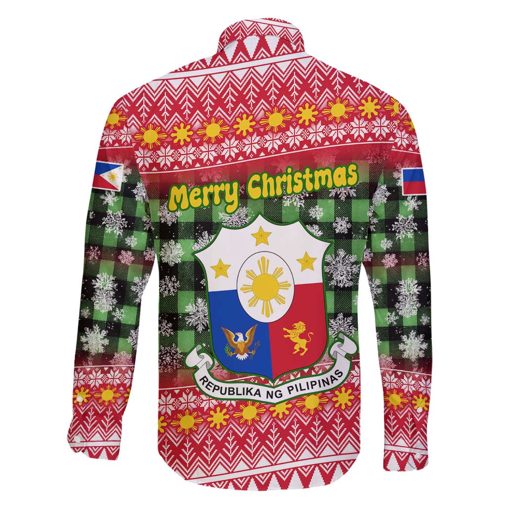 Philippines Christmas Family Matching Short Sleeve Bodycon Dress and Hawaiian Shirt with Red-Green Plaid Design, Yellow Lion, and National Coat of Arms Motif - Wonder Print Shop