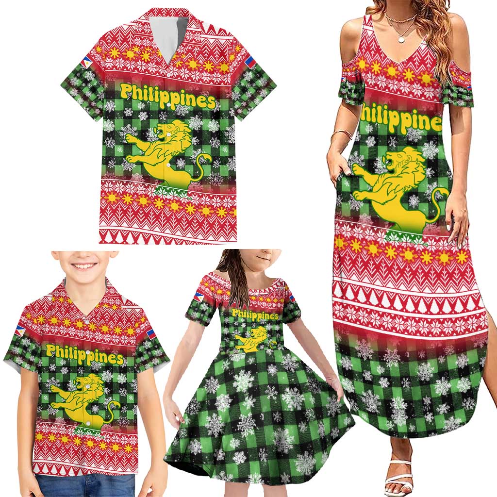 Philippines Christmas Family Matching Summer Maxi Dress and Hawaiian Shirt with Red-Green Plaid Design, Yellow Lion, and National Coat of Arms Motif - Wonder Print Shop