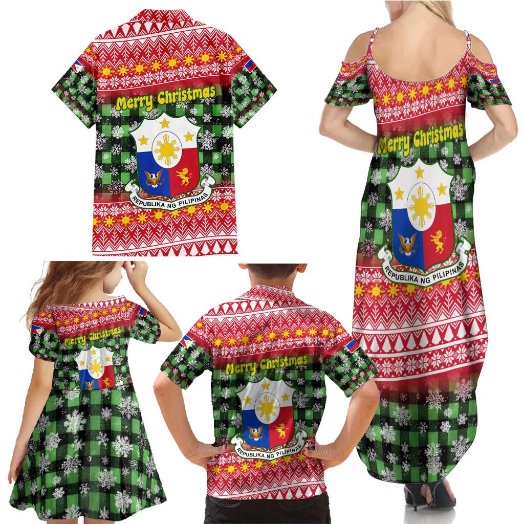 Philippines Christmas Family Matching Summer Maxi Dress and Hawaiian Shirt with Red-Green Plaid Design, Yellow Lion, and National Coat of Arms Motif - Wonder Print Shop