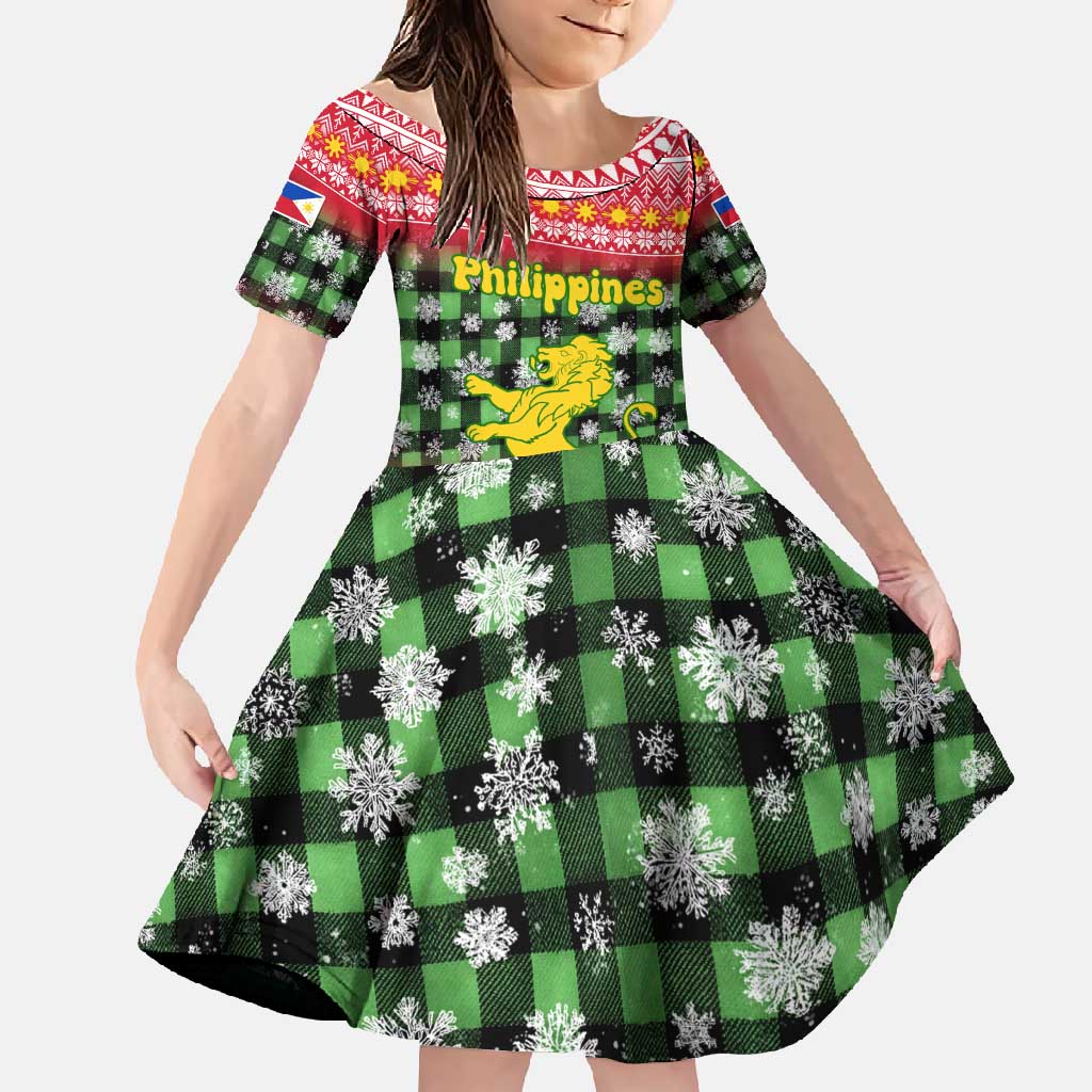 Philippines Christmas Family Matching Tank Maxi Dress and Hawaiian Shirt with Red-Green Plaid Design, Yellow Lion, and National Coat of Arms Motif - Wonder Print Shop