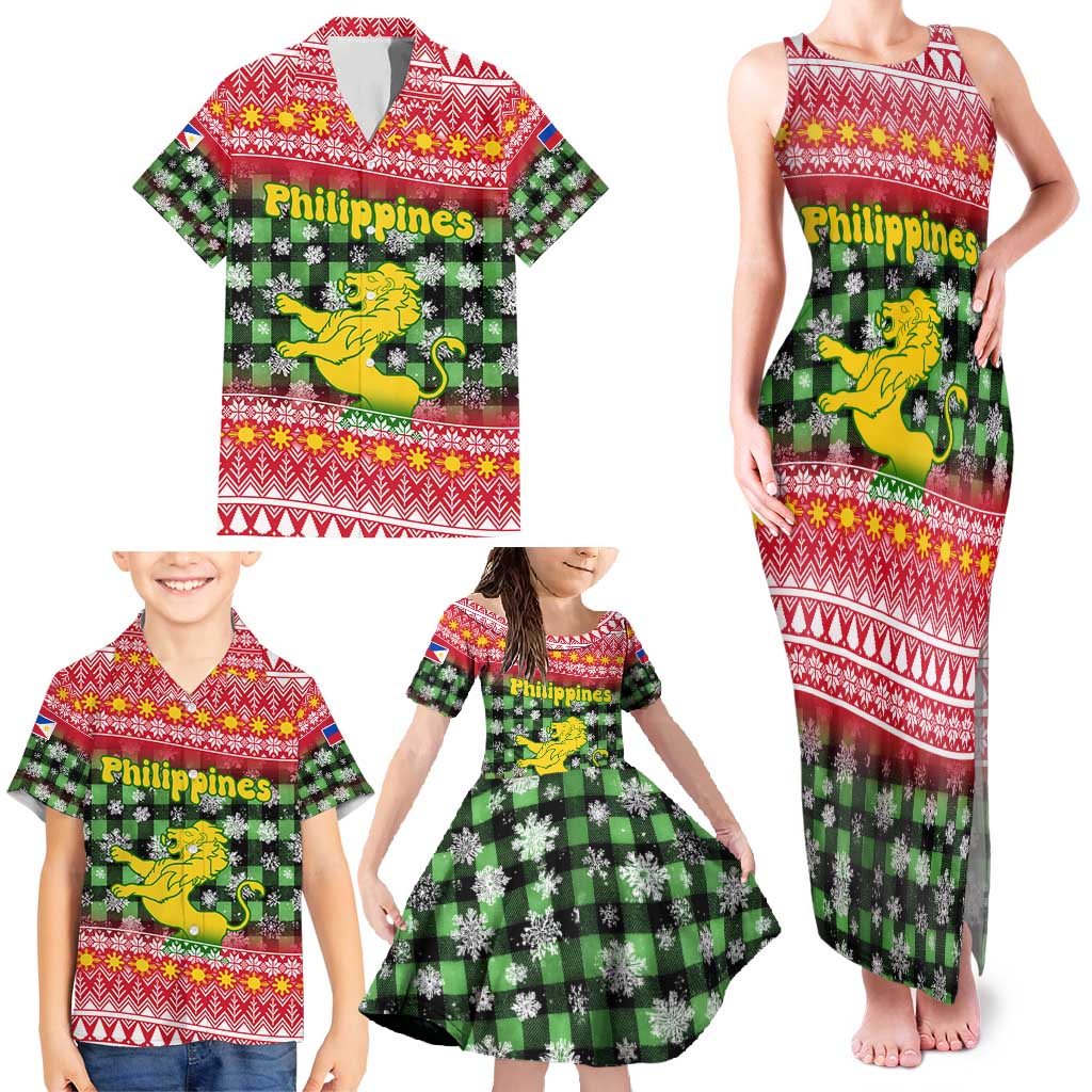 Philippines Christmas Family Matching Tank Maxi Dress and Hawaiian Shirt with Red-Green Plaid Design, Yellow Lion, and National Coat of Arms Motif - Wonder Print Shop