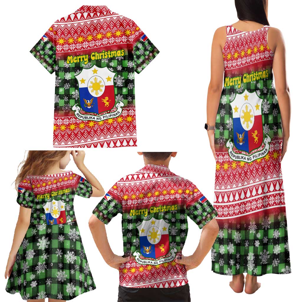 Philippines Christmas Family Matching Tank Maxi Dress and Hawaiian Shirt with Red-Green Plaid Design, Yellow Lion, and National Coat of Arms Motif - Wonder Print Shop
