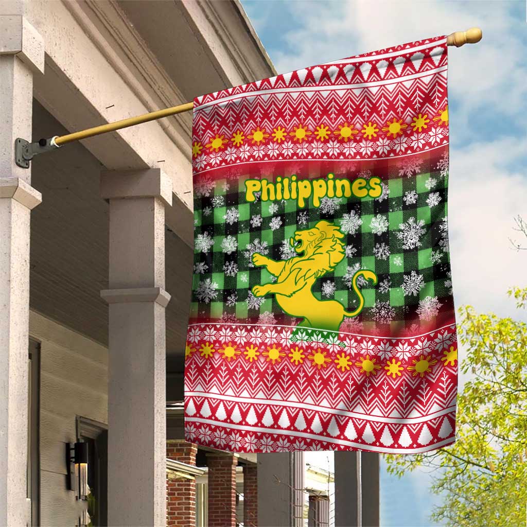 Philippines Christmas Garden Flag with Red-Green Plaid Design, Yellow Lion, and National Coat of Arms Motif - Wonder Print Shop