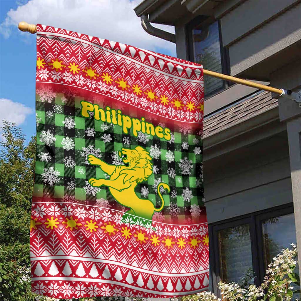 Philippines Christmas Garden Flag with Red-Green Plaid Design, Yellow Lion, and National Coat of Arms Motif - Wonder Print Shop