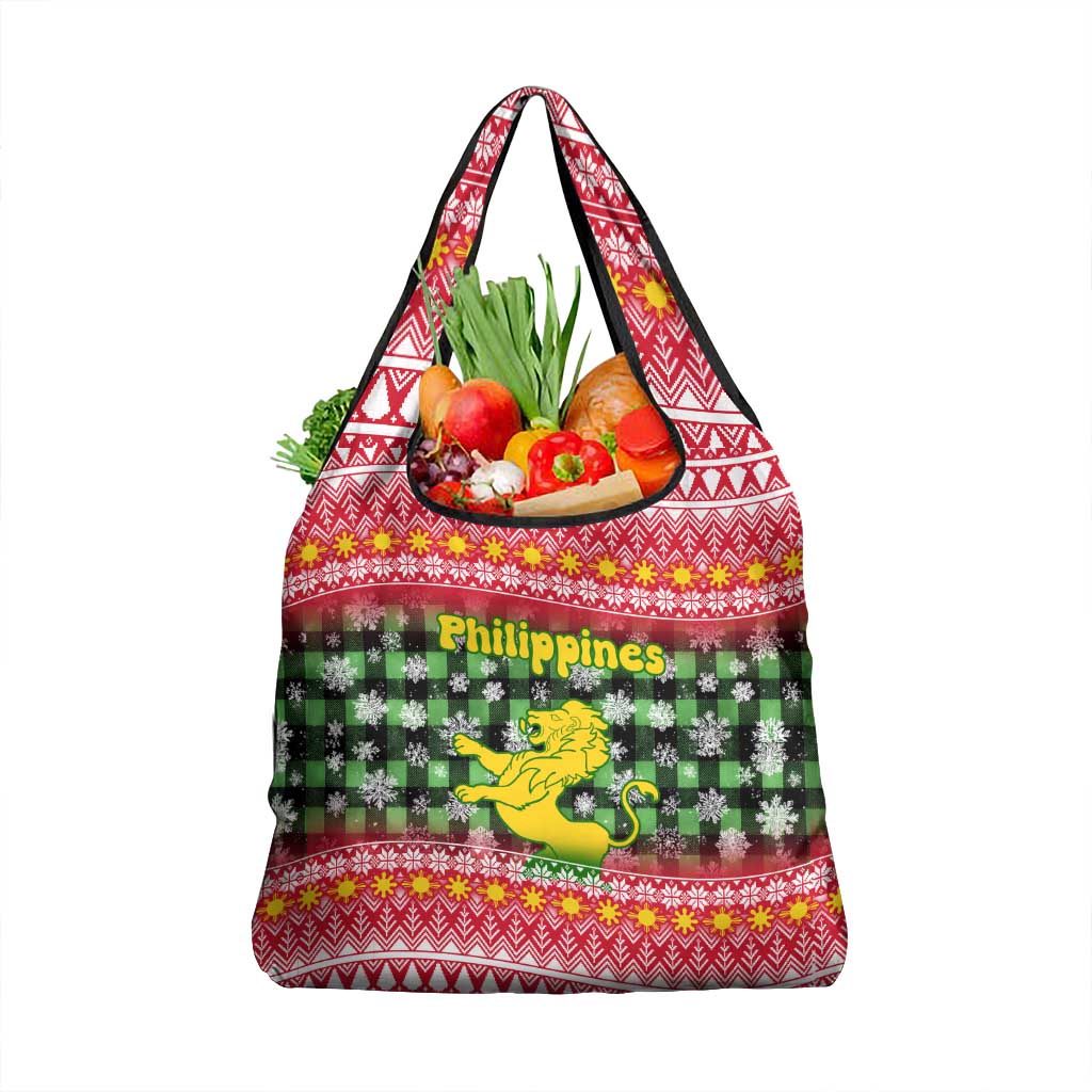 Philippines Christmas Grocery Bag with Red-Green Plaid Design, Yellow Lion, and National Coat of Arms Motif - Wonder Print Shop