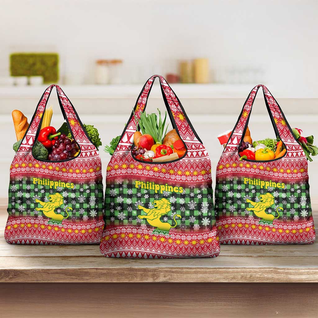 Philippines Christmas Grocery Bag with Red-Green Plaid Design, Yellow Lion, and National Coat of Arms Motif - Wonder Print Shop
