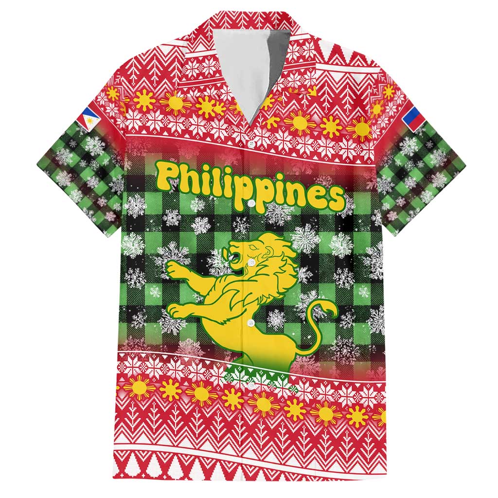 Philippines Christmas Hawaiian Shirt with Red-Green Plaid Design, Yellow Lion, and National Coat of Arms Motif - Wonder Print Shop